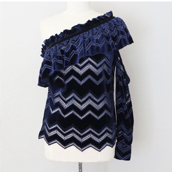 Self-Portrait Zig Zag Embroidered Velvet Top US 4 Navy One Shoulder Ruffle - Picture 5 of 8
